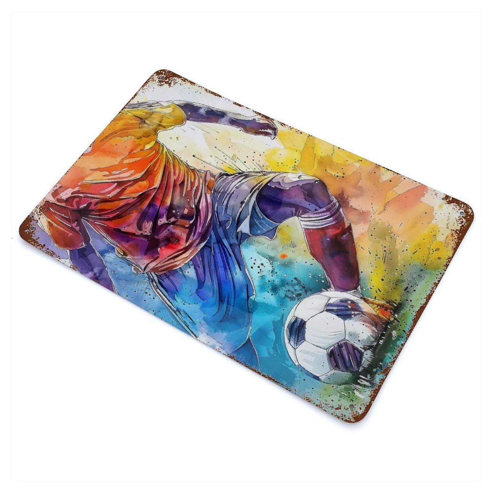 Soccer Player Watercolor Rusty Metal Tin Sign 11.8"x7.9", Rustic Home Decor for Living Room, Hallway And Home Decor