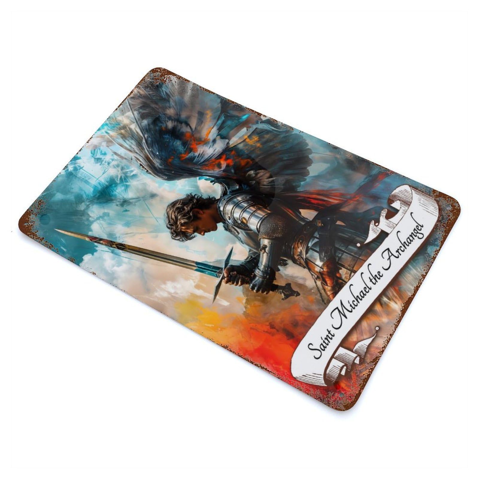 Saint Michael Archangel Rust Effect Tin Sign 11.8"x7.9", Ideal for Garage, Bar And Workshop Decor