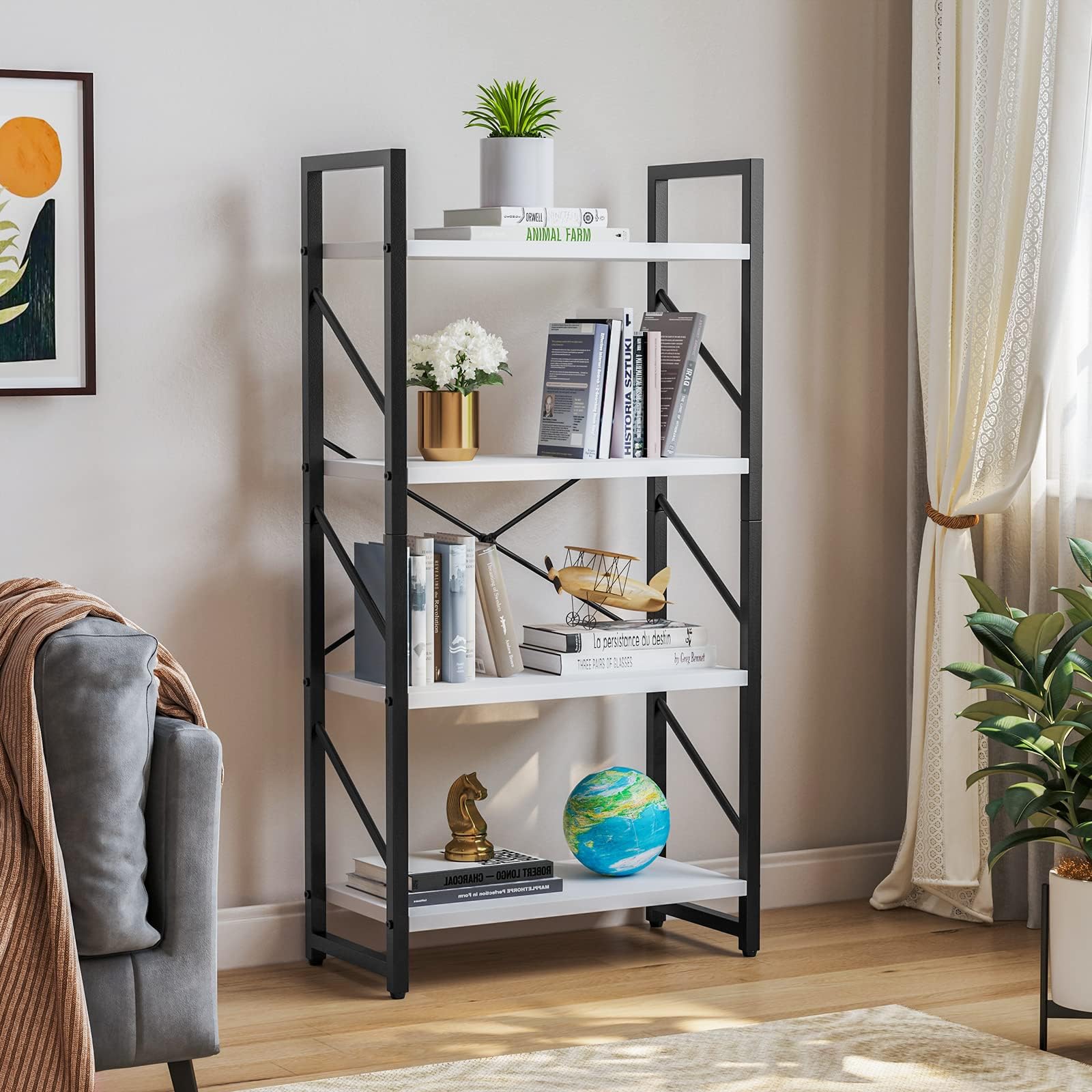 Amazon.com: Goujxcy 4 Tier Bookshelf,Wall Bookshelves Leaning Ladder ...
