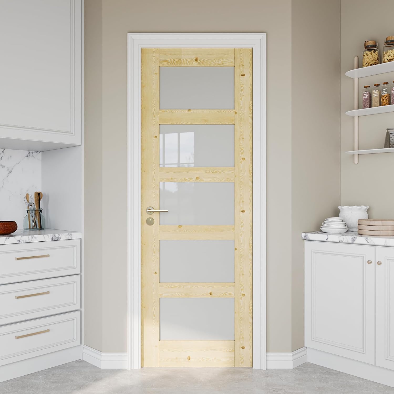 28" x 80" Pine Wood Slab Door, 5-Panel Frosted Glass Interior Doors, Single Room Door for Closet & Bedroom, Farmhouse Style as Prehung, Pocket, Bifold, Barn Doors, Easy DIY Stain, Shaker w/o Hardware