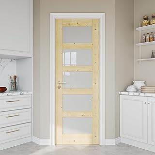 28" x 80" Pine Wood Slab Door, 5-Panel Frosted Glass Interior Doors, Single Room Door for Closet & Bedroom, Farmhouse Style as Prehung, Pocket, Bifold, Barn Doors, Easy DIY Stain, Shaker w/o Hardware