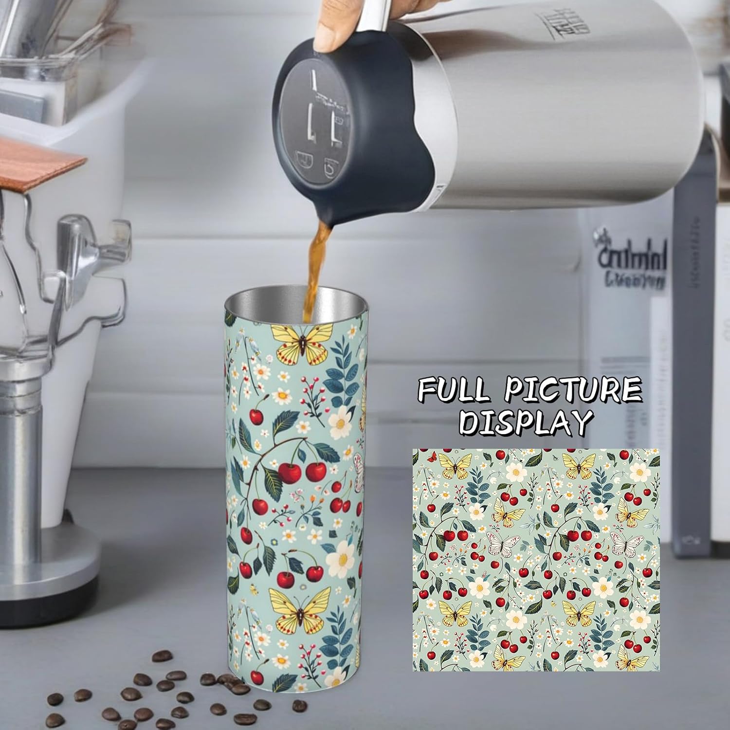 Vintage Butterfly and Cherry Stainless Steel Insulated Tumbler with Lid - 20oz Floral Travel Mug,Reusable Metal Straw & Brush, Double-Wall Vacuum Bottle Cup for Hot and Cold Drinks Gifts - Image 3