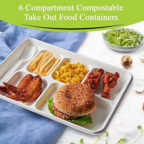 Miniatura 2 de Three Leaf Bandeja de bagazo de 6 compartimentos, 150 unidades, resistente, súper fuerte, natural, ecológica, desechables, 100% biodegradables,