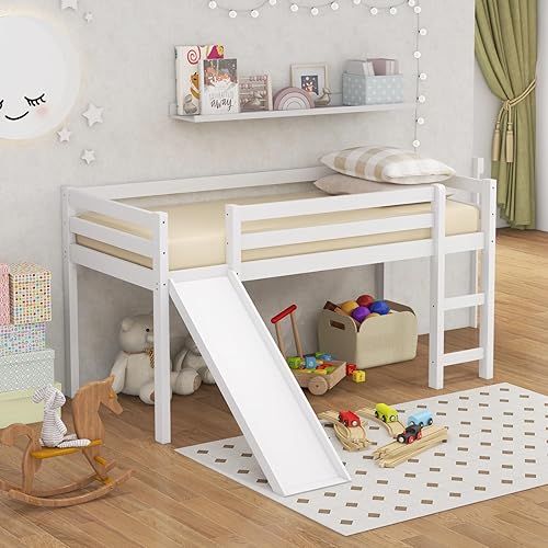 Miniatura 8 de Giantex Cama alta individual con tobogán, cama baja de madera para niños, marco de cama individual con escalera de escalada y espacio de