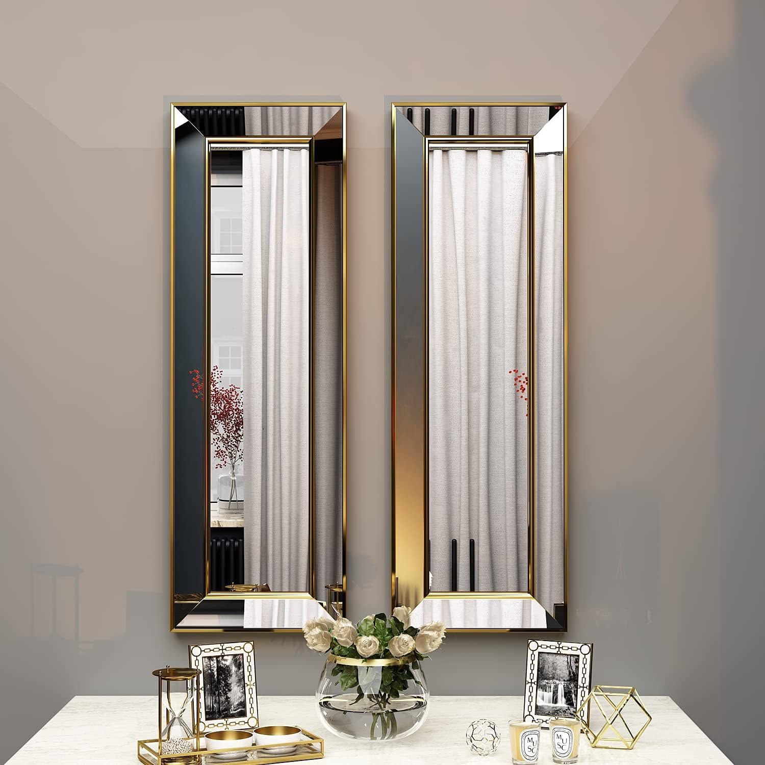 Becomin 5774 Wall Mirror, Bathroom Mirror, Vanity Mirror, Mirrored Frame, Gold-Plated, Modern, 30 x 90 x 3.5 cm Set of 2