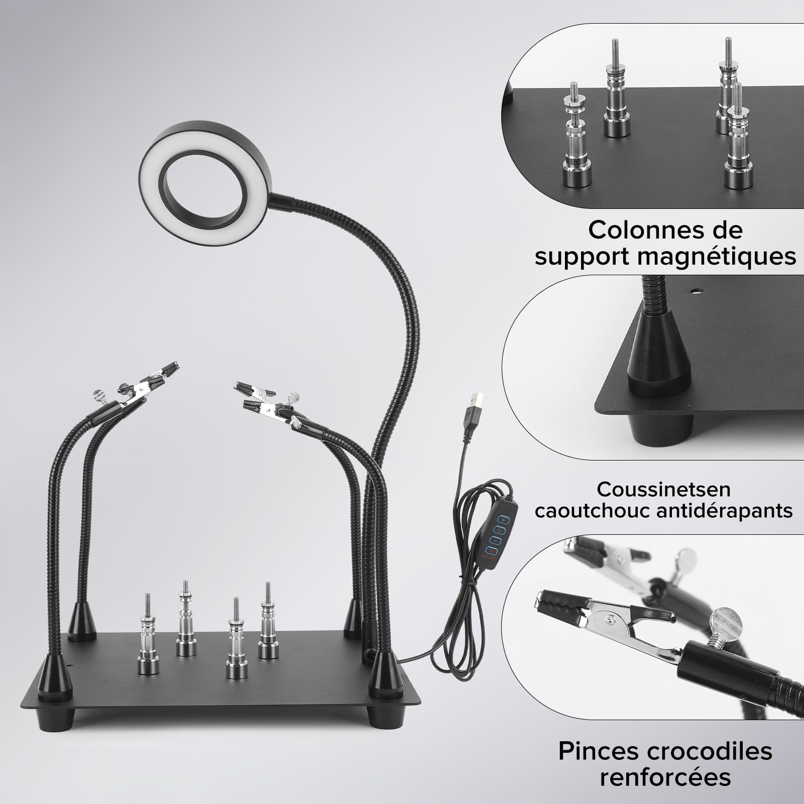 Loupe Soudure, Station de Soudage, Troisieme Main avec Lampe Loupe 6x, Bras Aimantés Flexibles, Support de Carte de Circuit Imprimé, Base en Métal Robuste pour Soudure Electronique