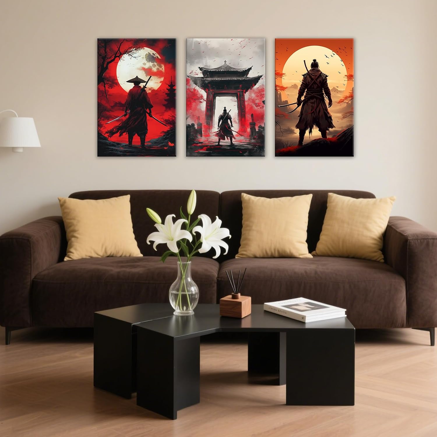 GLOKAKA Samurai Wall Art 3 Pcs Japanese Warrior Pictures Print Oriental Landscape Art for Man Cave Living Room Home Office Decor(Artwork-3,11"x14"x3pcs)