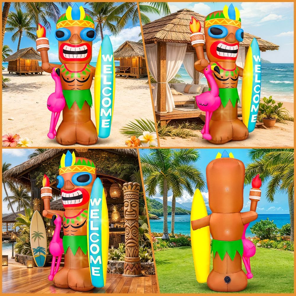 KOOY 5FT Tiki Inflatables with Flamingo and Surfboard for Luau Party Decorations, Built-in LED Blow up Hawaiian Decor Outdoor, Summer Inflatables Outdoor Decorations for Luau Aloha Bar Beach Pool