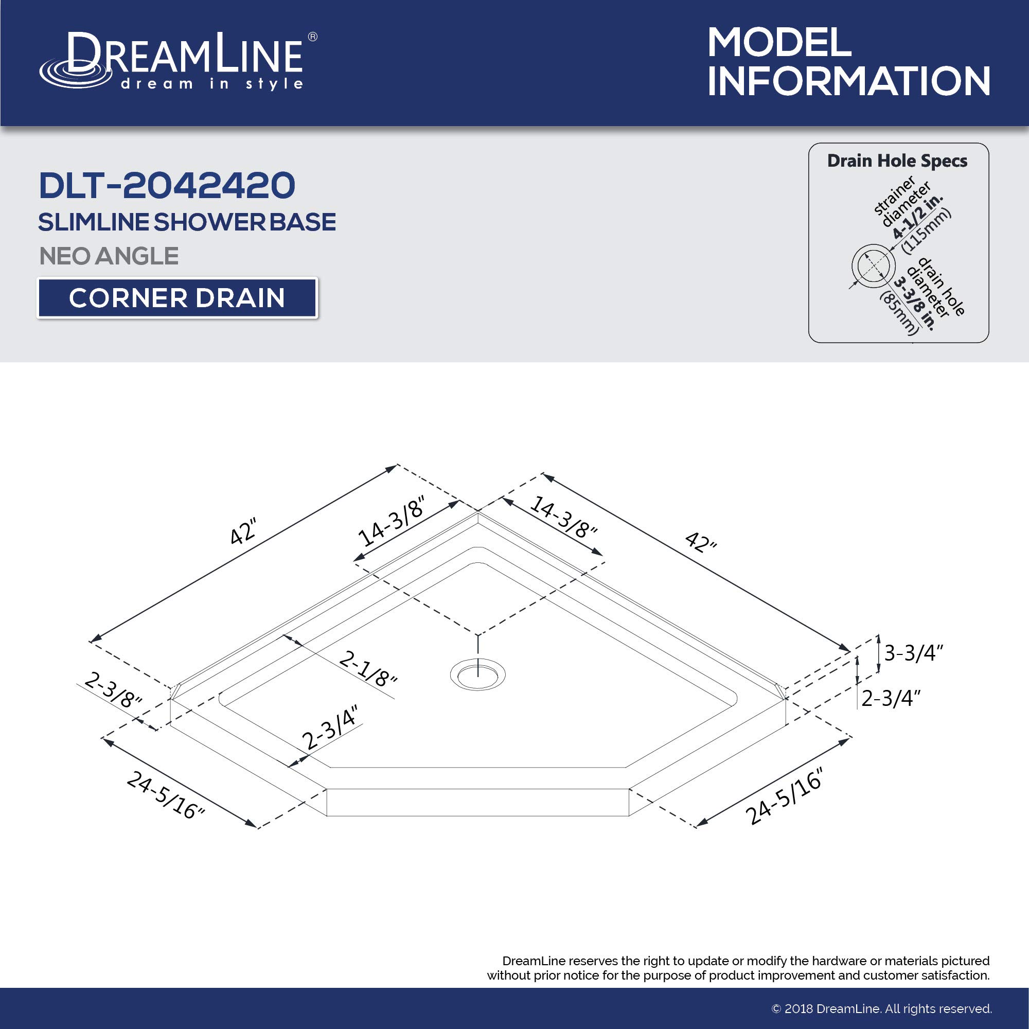 DreamLine 42 in. x 42 in. x 75 5/8 in. H NeoAngle Shower Base and