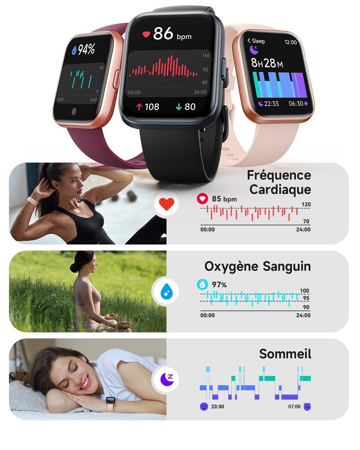 Montre Connectée Femme, 1.85" AMOLED Smartwatch avec Appel, Étanche 3 ATM (Natation), AI Intégrée, Montre Connectée pour 100+ Sport, Cardiofréquencemètre, Sommeil & Calories, SpO2, Samsung/iOS/Android