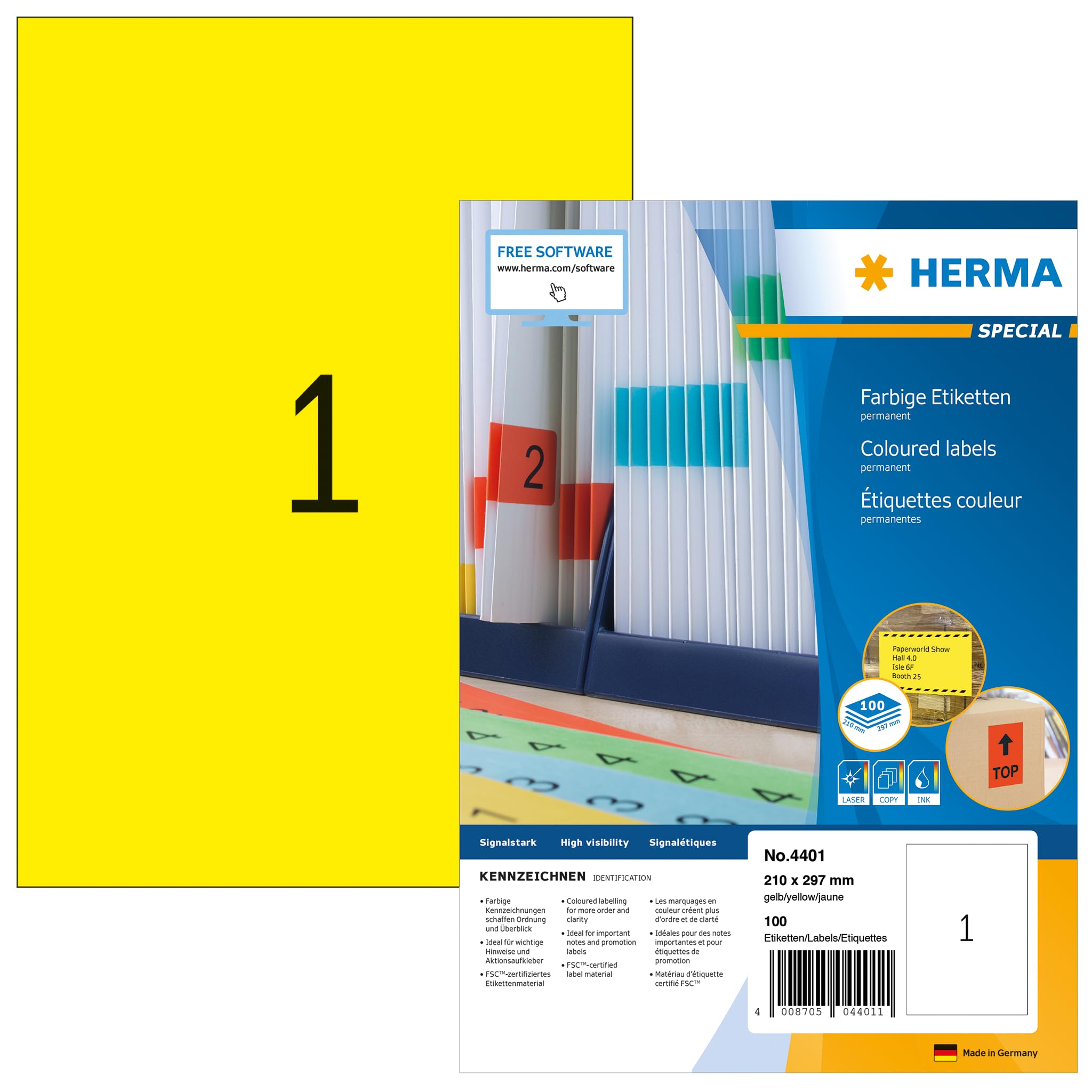 HERMA Self Adhesive Coloured Labels, 1 Label per A4 Sheet, 100 Sheets, 210 x 297 mm, 100 Labels, Blank Colour Labels Stickers, Sticky Labels for Laser & Inkjet Printer, Yellow