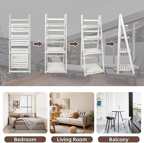 Miniatura 7 de ECOMEX Estante de escalera de 4 niveles, estante de escalera de madera, estantería de 4 niveles, estante de almacenamiento plegable rústico para el