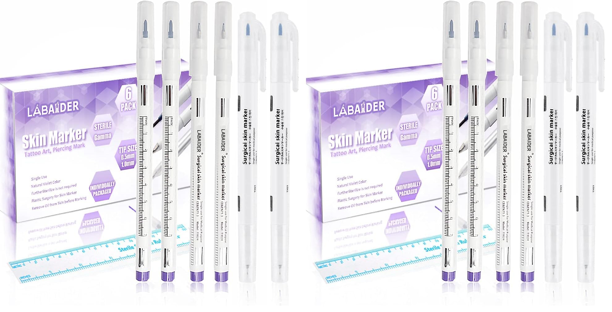 LabAider 6Pcs Professional Surgical Tip Skin Marker Pen Sterile Tattoo Stencil Markers Pen with Paper Ruler for Eyebrow, Lips - Individually Wrapped (0.5MM&amp;1MM) (Pack of 2)