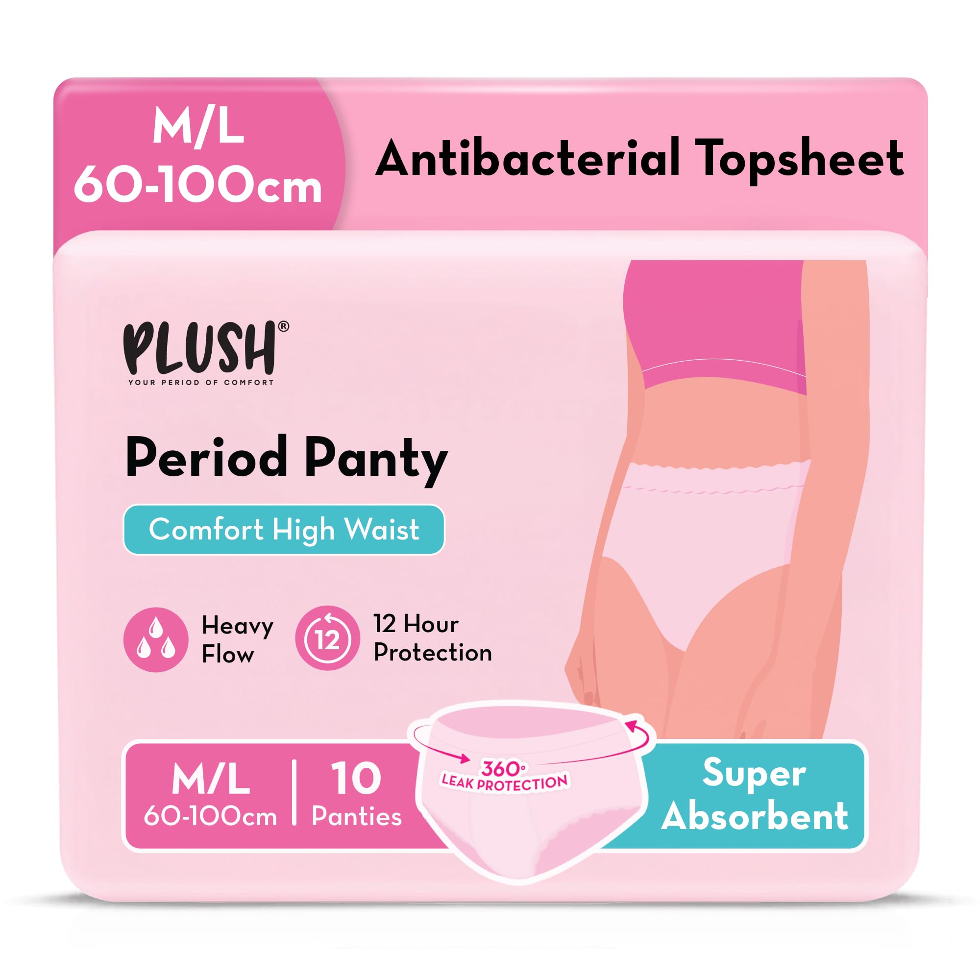 Plush Comfort High Waist Disposable Period Panty for Girls Heavy Flow- 10 Pcs M/L (60-100cm) | Anti-Bacterial, Non-Bulky 12-Hr Protection | 360° Coverage 100% Rash-Free Period Panties