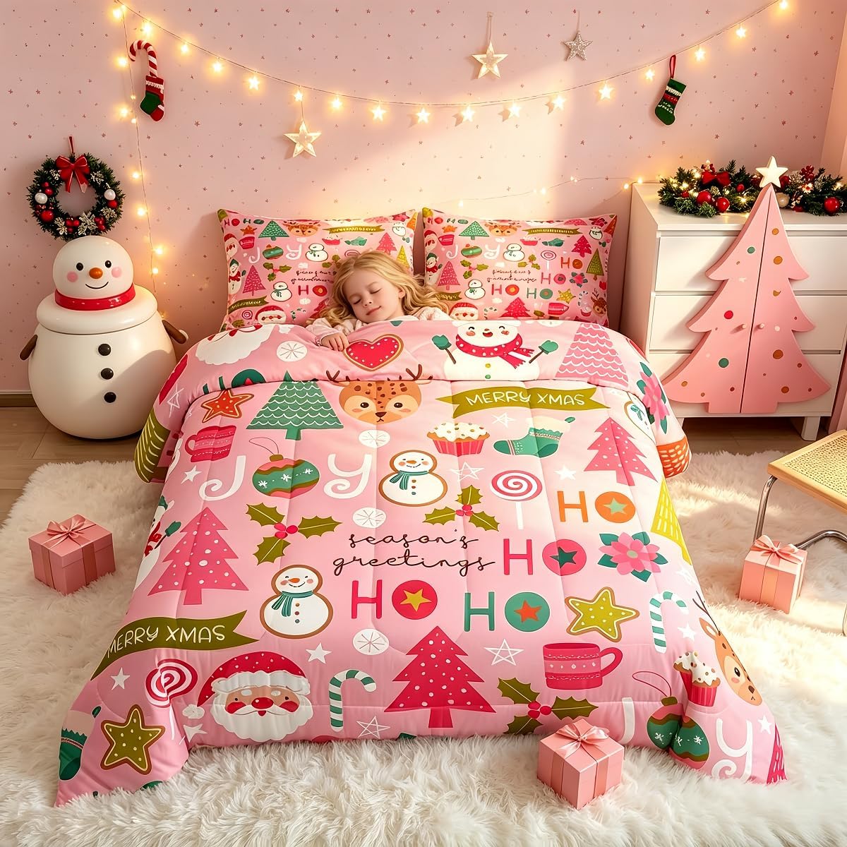 Erosebridal Pink Christmas Comforter Set, Cartoon Santa Claus Bedding Set Full Size for Kids Boys Girls Women, Snowman Pine Duvet Sets Christmas Tree Cute Deer Down Comforter Xmas Decor,2 Pillowcases