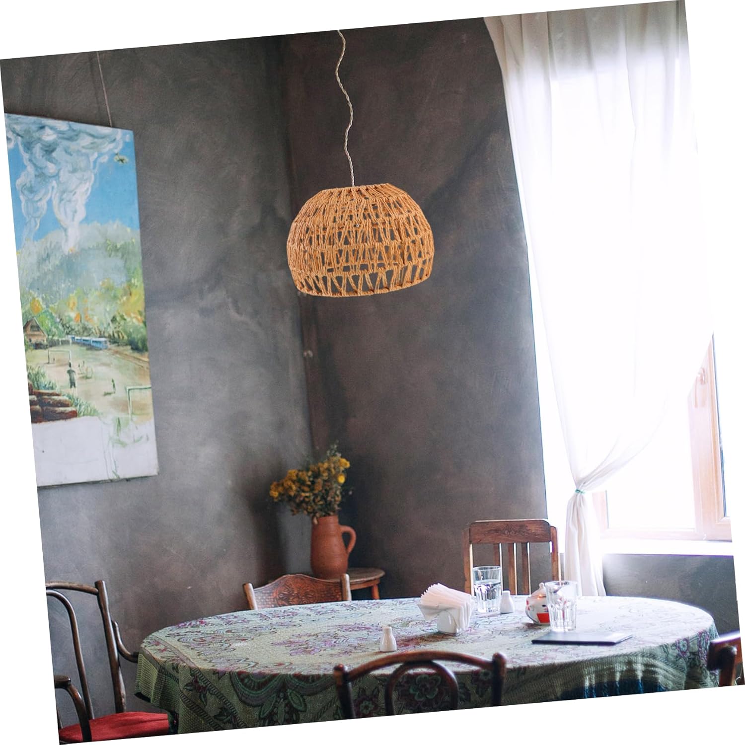 PRETYZOOM Handwoven Vintage Drum Lampshade Rustic Paper Rope Ceiling Light Cover for Living Room Bedroom Dining Areas Easy Installation Decorative Lighting