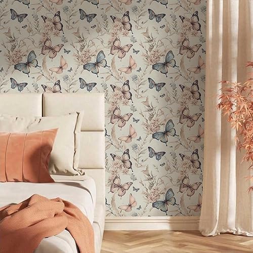 Miniatura 2 de MuralPeel Wonderland - Papel tapiz autoadhesivo con diseño de flores de mariposa, bohemio, extraíble, fácil de despegar en papel de pared para