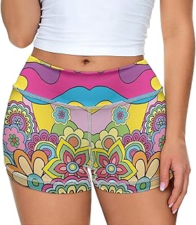 Coloranimal 70s Groovy Flower Yoga Biker Shorts for Women with Pocket Colorful Daisy Hippie Flower Wavy Swirl Print High Waist Tummy Control Stretch Spandex Workout Shorts Seamless Yoga Pants Size S