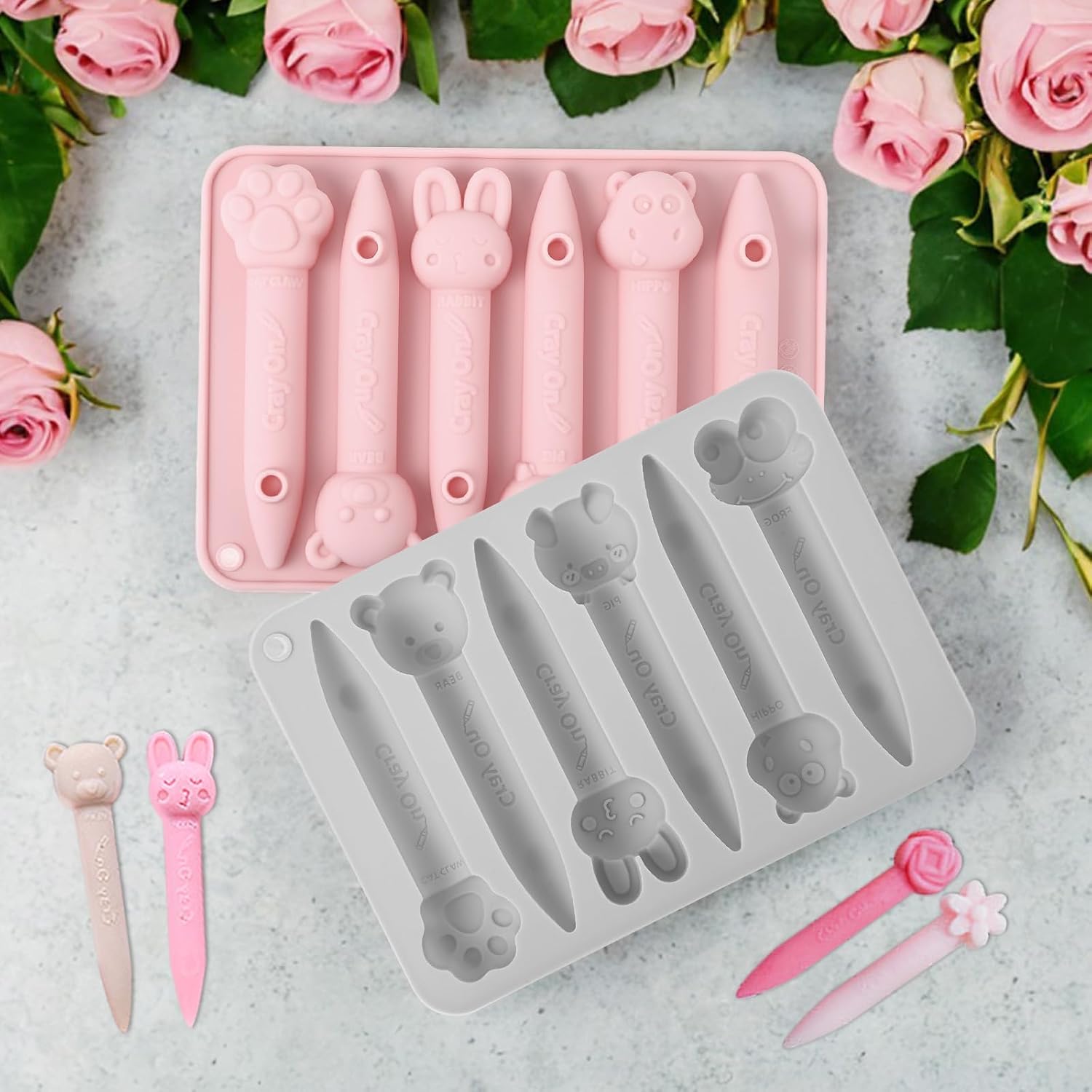 4pack Assorted Crayon Mold,Silicone Crayon Molds Recycling,Cavity 3D Triangular Mold Oven Safe Silicone Chocolate Making for Diy Wax Crayons Melting Animal Flower Chocolate Pen Shapes,Pink Gray
