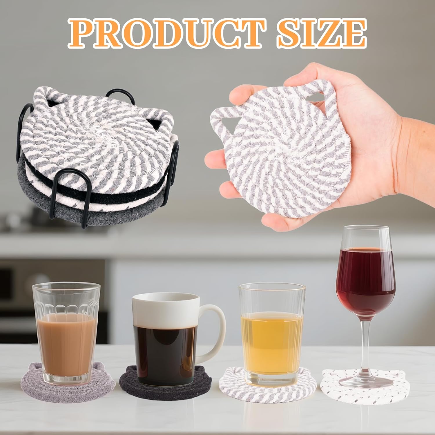 Cute Cat Coasters Ears Set of 4, Cute Braided Coasters for Drinks 4.3 Inch Large Size Cat Decor Coffee Desk Accessories Non-Slip Cotton Handmade Absorbent Drink Coaster for Coffee with Holder(Grey) image 3
