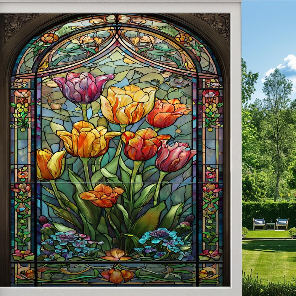 Rural Tulips Stained Glass Window Film, Natural Flower Garden Peel and Stick Privacy Film, Frosted Adhesive Vinyl Decorative for Bathroom Windows Glass Doors, （45x100cm）