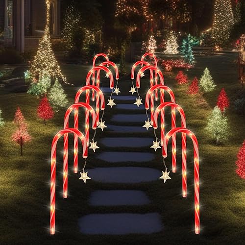 Miniatura 7 de Paquete de 12 luces de Navidad para caminos al aire libre, 8 modos de luces solares de bastón de caramelo con estrella, luces de estaca de Navidad