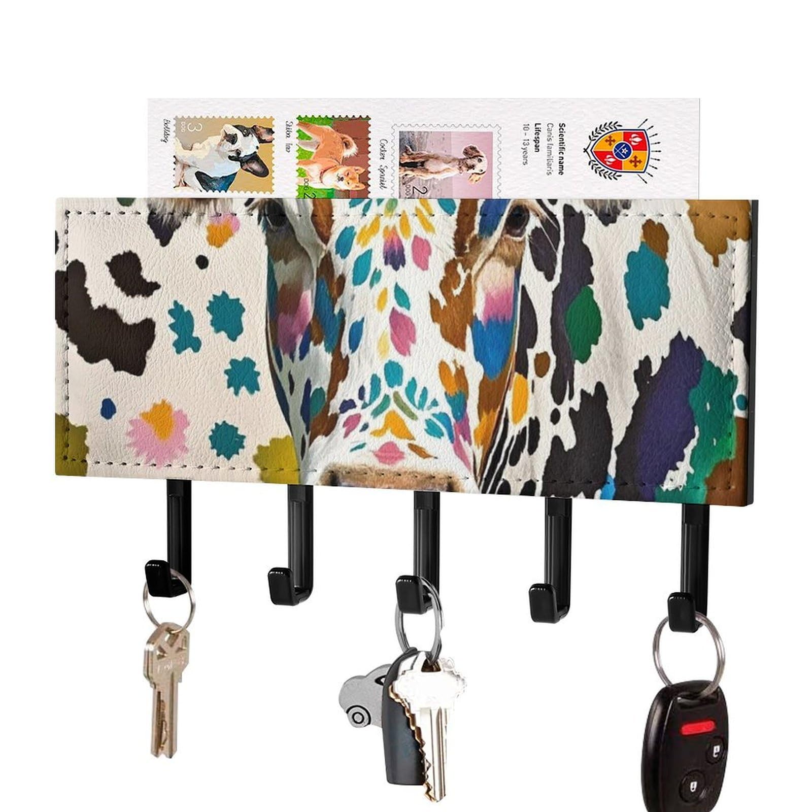 FekiLoot Cow Spot Key Holder Wall Mount Key Hanger with 5 Hooks Decorative Key Rack Hanging Key Hooks with Mail Organizer Key Holder for Wall Living Room Kitchen Bathroom Hallway Black