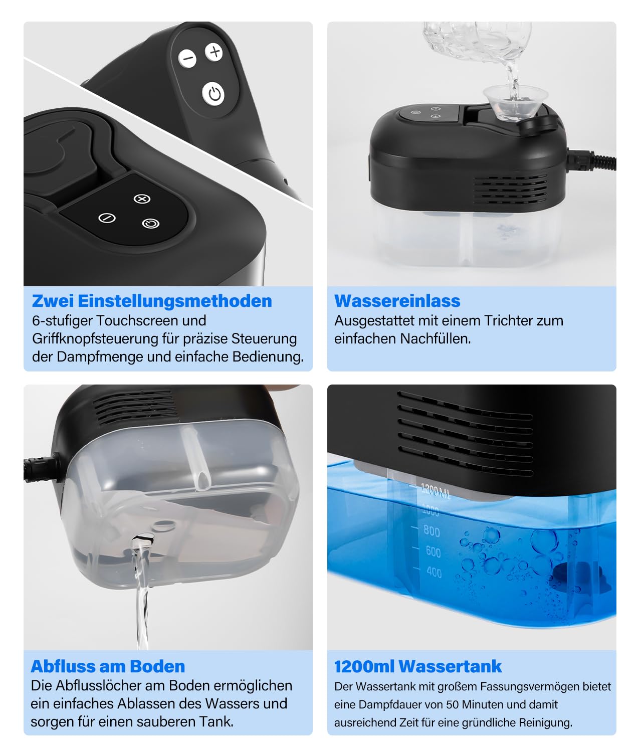 PAHTTO Handdampfreiniger Dampfreiniger Handgerät, 2500W Hochtemperatur-Dampfreiniger, 1200ml transparenter Wassertank, 15s Aufheizzeit, 6-Stufen-Temperaturregelung, für Haushalt, Küche, Bad, Auto