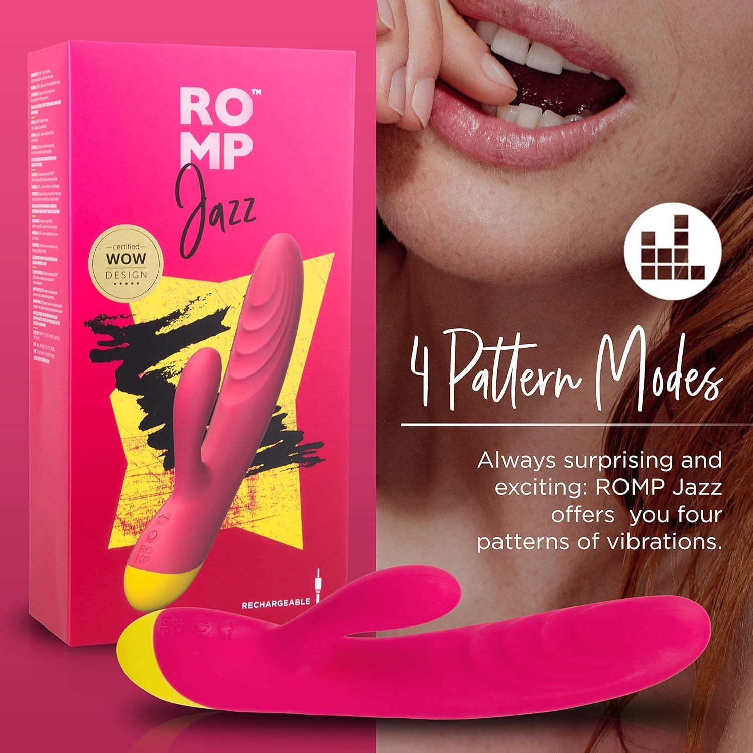ROMP Jazz Vibratore Rabbit per Donna - Clitoride e Punto G - 6 modalità - Flessibile - Doppia stimolazione - Stimolatore Massaggiatore Clitorideo - Impermeabile