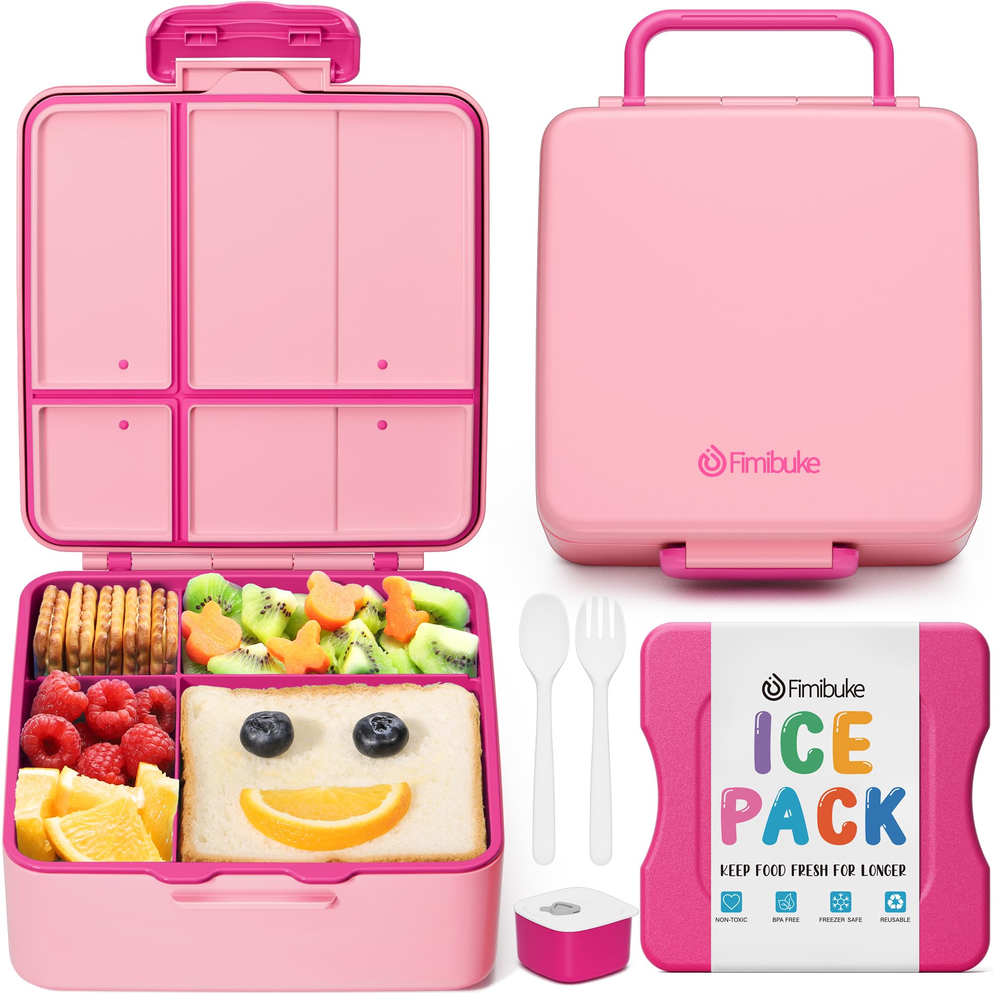 Photo 1 of **MISSING UNTENSILS/NO BOX***Fimibuke Chill Bento Box for Kids Adult, Leak Proof Toddler Lunch Box with Ice Pack Keep Food Cold, BPA Free 4 Compartment Lunch Container with Utensils for Girl Boy School, Microwave Dishwasher Safe