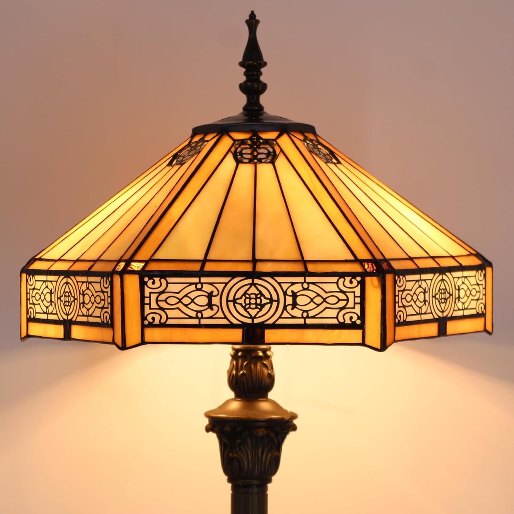 WERFACTORY Tiffany Style Floor Lamp Yellow Hexagon Stained Glass Mission Standing Type Reading Light 16X16X64 Inches Antique Pole Corner Lamp Decor Living Room Bedroom Home Office S011 Series
