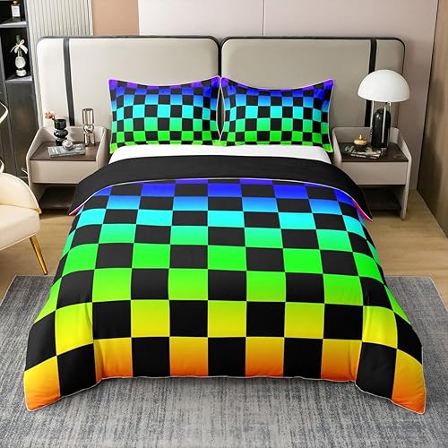 Miniatura 30 de Juego de ropa de cama a cuadros para adolescentes, mujeres, hombres, rosa, negro, a cuadros, 100% algodón, tamaño matrimonial, para niños y niñas,