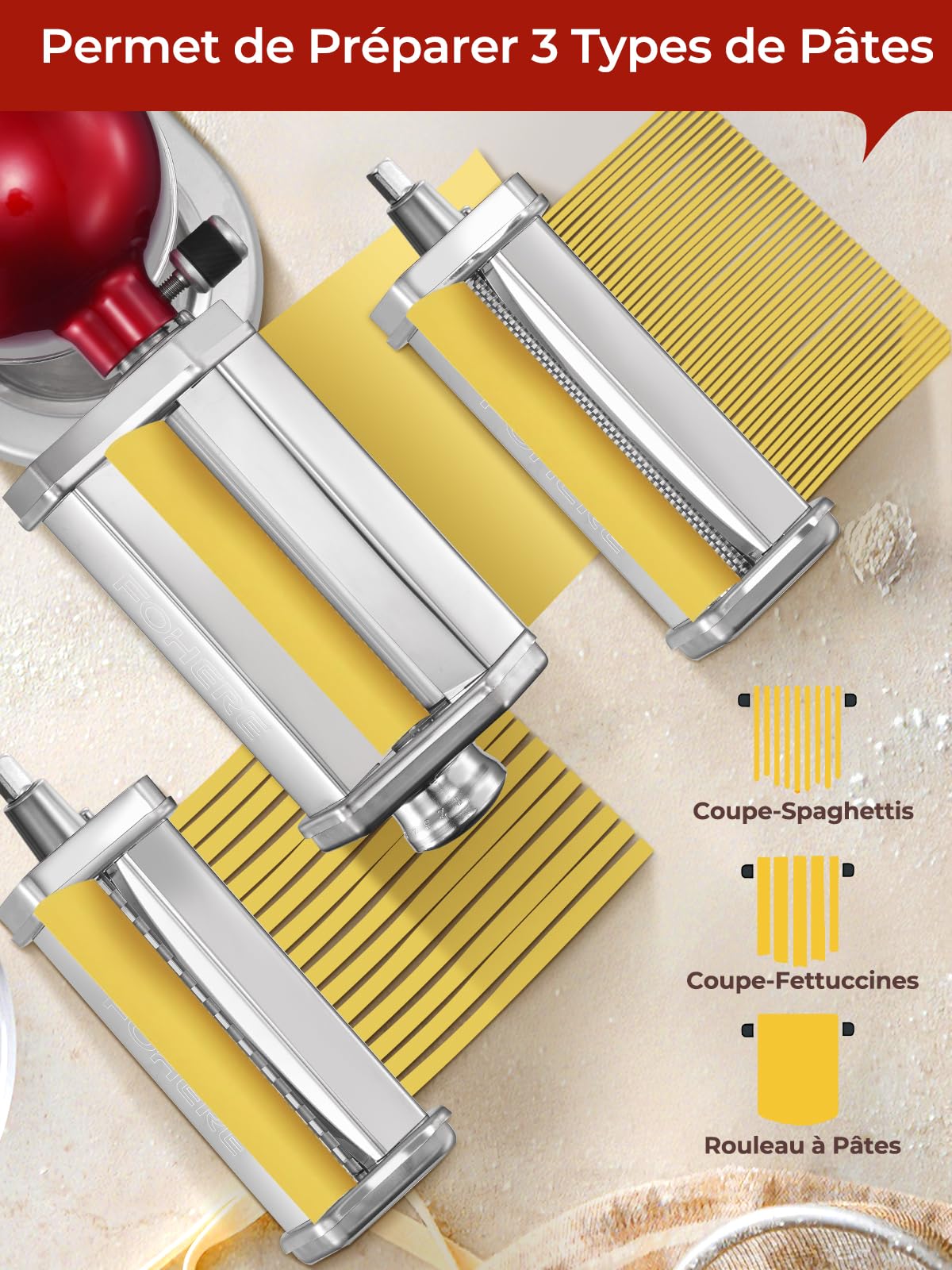 FOHERE Accessoires pour Machine à Pâtes pour KitchenAid Robot Pâtissier, Comprend Rouleau à Pâtes, Coupe-Fettuccines, Coupe-Spaghettis et Brosse à Nettoyage (7 épaisseurs Réglables)