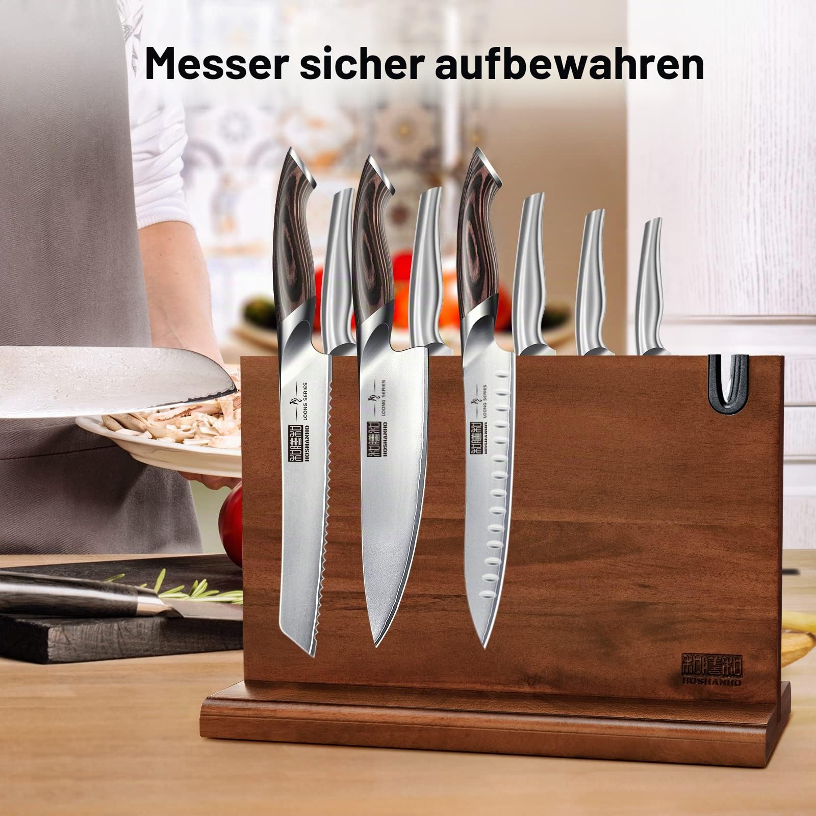HOSHANHO Messerblock Magnetisch mit Schärfer, Doppelseitiger Starker Magnetischer Messerhalter, Natürlichem Akazienholz-Magnet Messerhalter für Küche