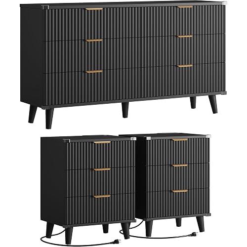 Modern Dresser and Nightstand Sets 3-Piece, 2 Nightstands 6-Drawer Dresser