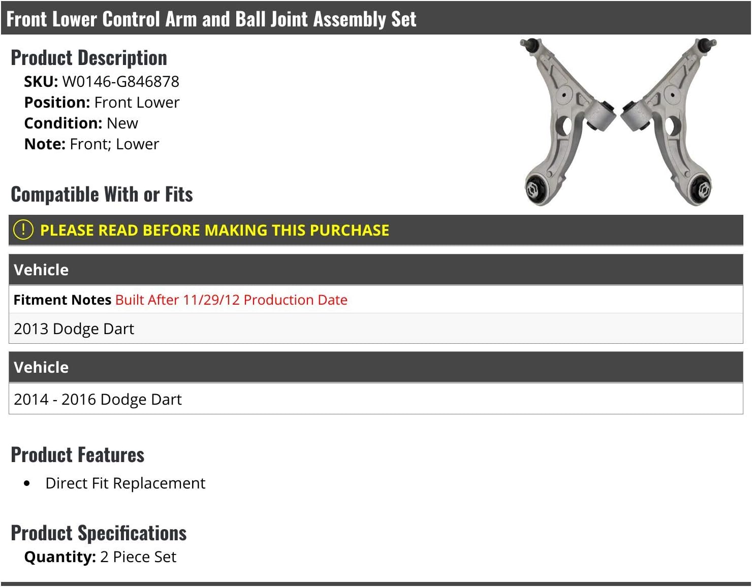 Front Lower Control Arm and Ball Joint Assembly Set of 2 - Compatible with 2013-2016 Dodge Dart (from 11/29/2012)