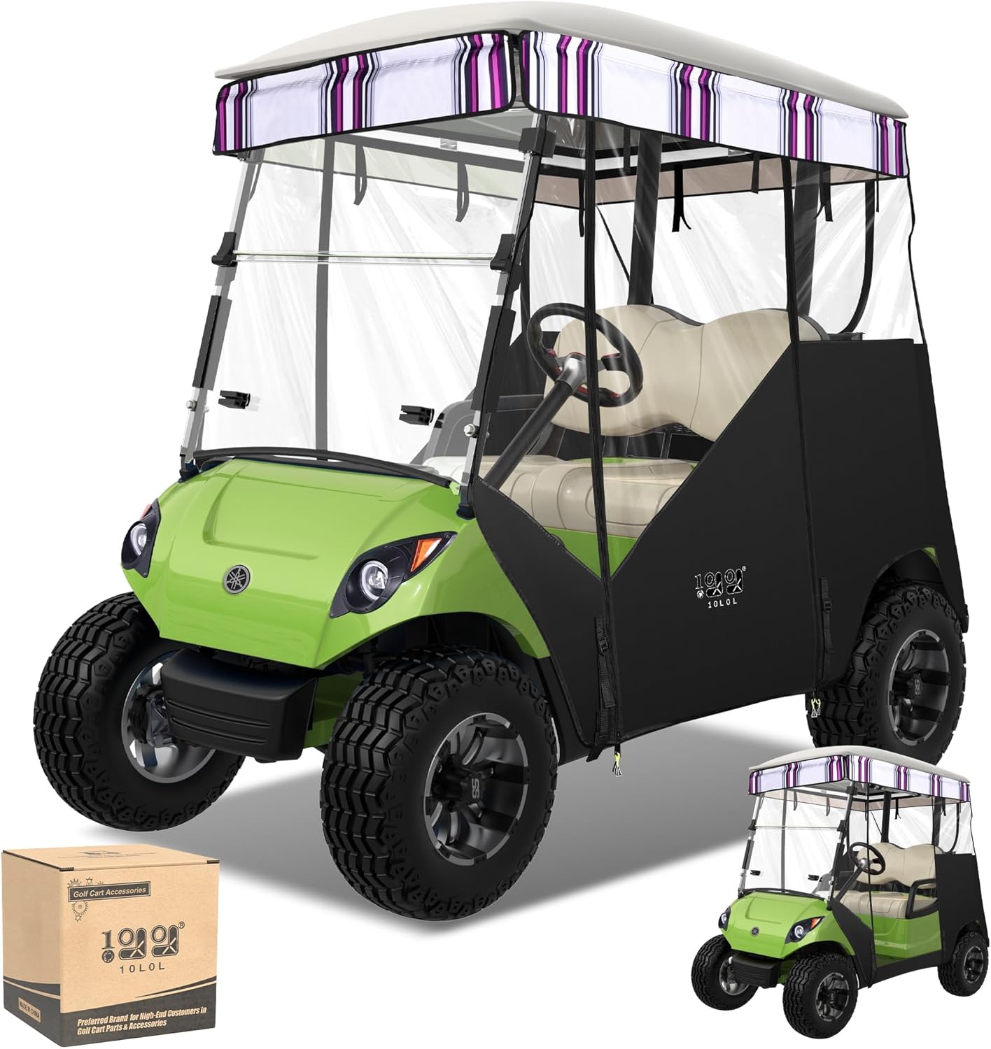 10L0L 2 Passenger Track-Style Enclosure Cover for Yamaha G29 Drive/Drive 2, Waterproof 600D Polyester Rain Shelter with Pre-Drilled Awning Track, 3-Piece Zip-Off Design, Roll-Up All Sides,Valance