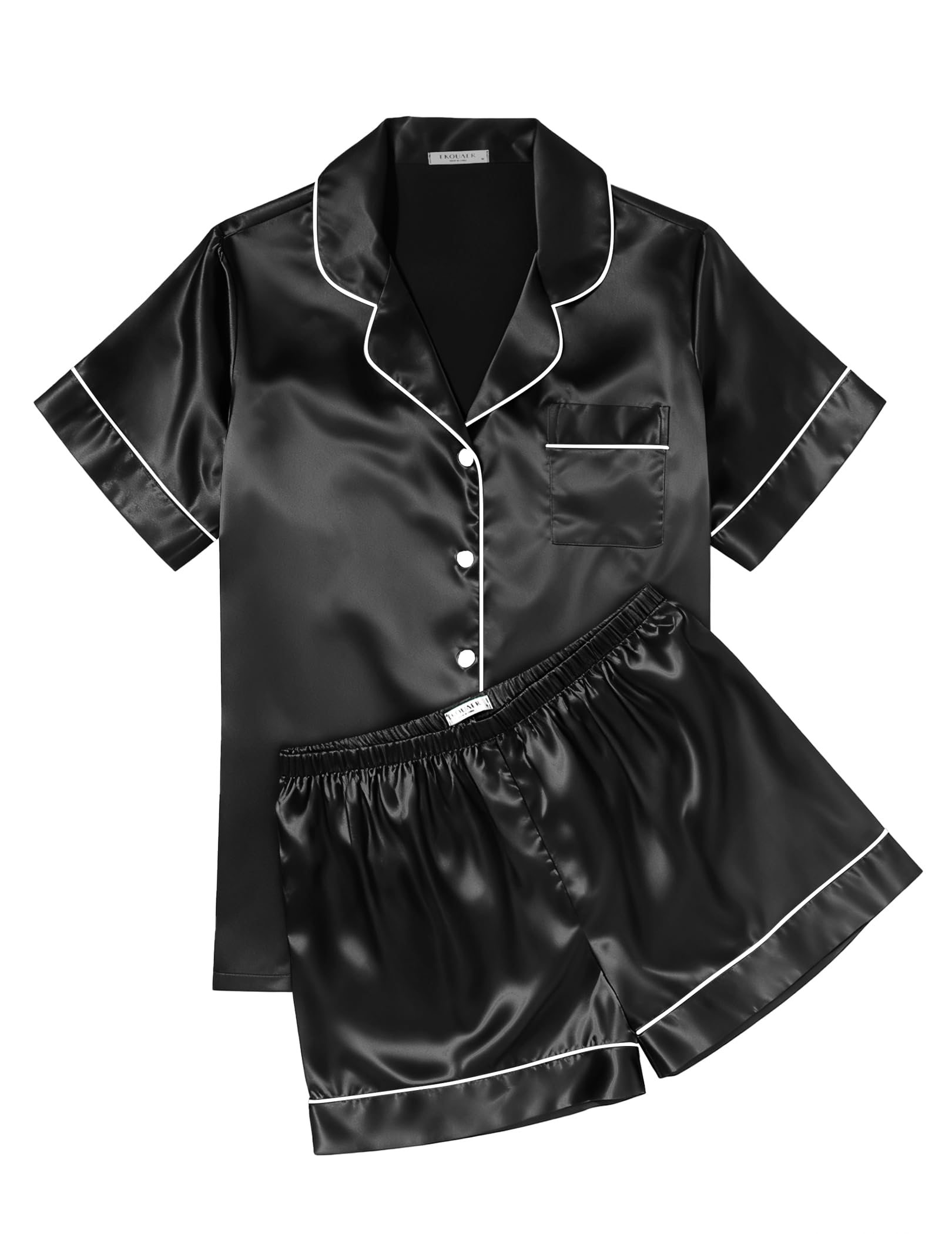 Ekouaer Womens Silk Satin Pajama Sets Soft Short Sleeve Button Down Sleepwear Top and Shorts 2 Piece Pjs