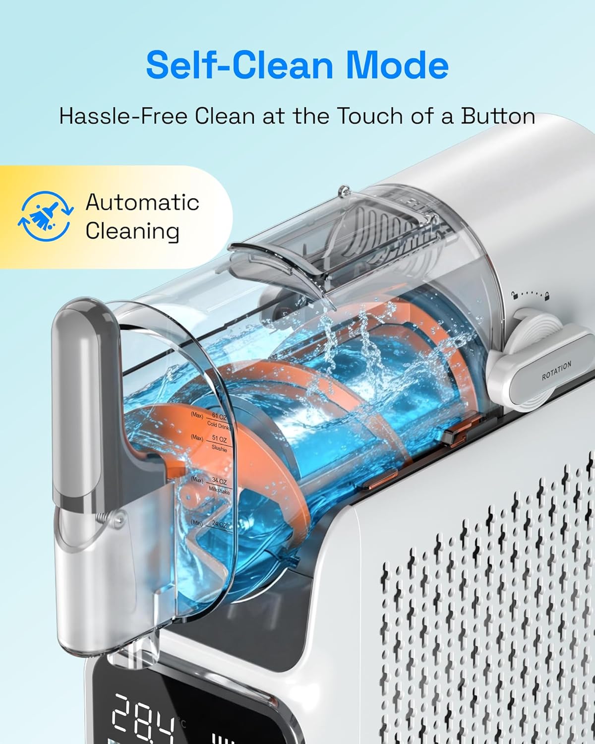 Close-up of the HBN Slushie Machine's tank during self-cleaning, showing water circulating with the stirring blades.