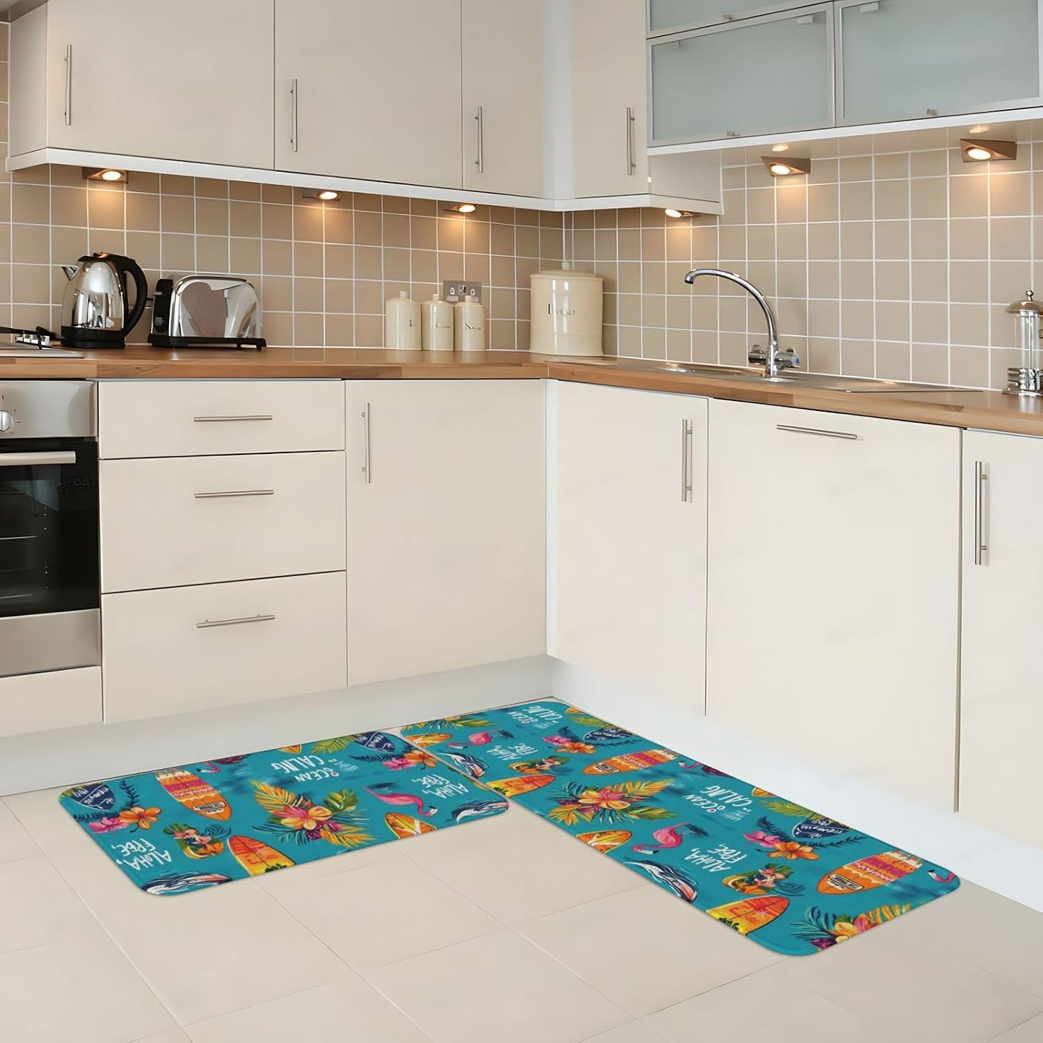 Hawaii Beach Print Kitchen Rugs Sets of 2 Non Slip Washable, Anti Fatigue Kitchen Mats for Floor, Home Decor