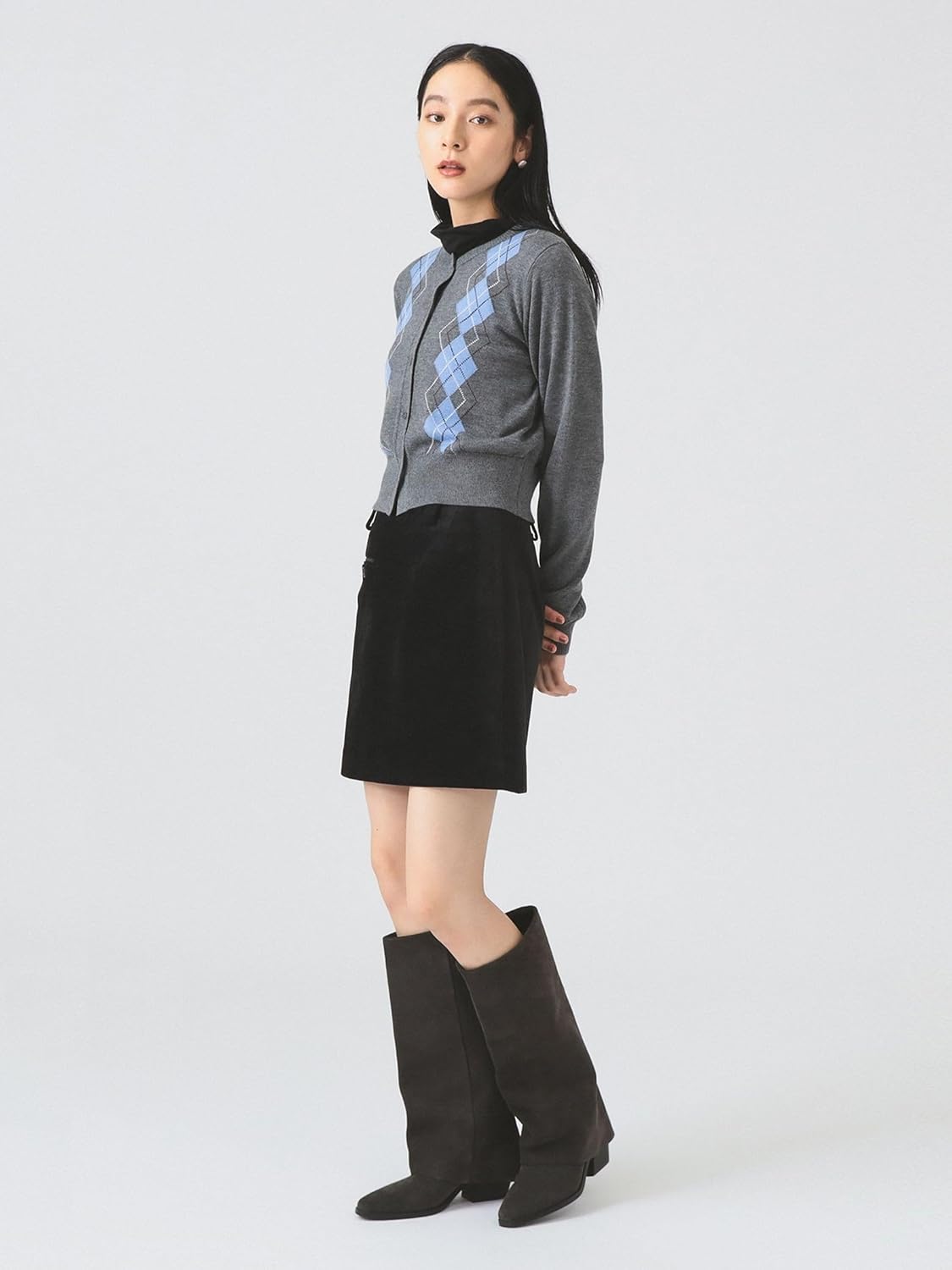 [レイビームス] L/Sニット アーガイル クルーネック カーディガン レディース