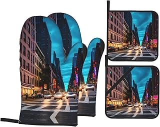 Streets of New York City Print Stove Mittens 4 Piece Kitchen Set Oven Mitts Pot Holders Heat Resistant Cooking