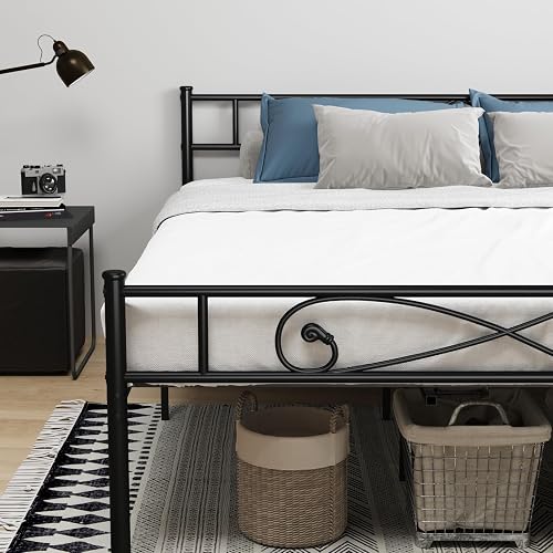 Miniatura 9 de PROXRACER Base de cama de plataforma metálica King con cabecero, soporte de listones de acero resistente, base de colchón, almacenamiento debajo de