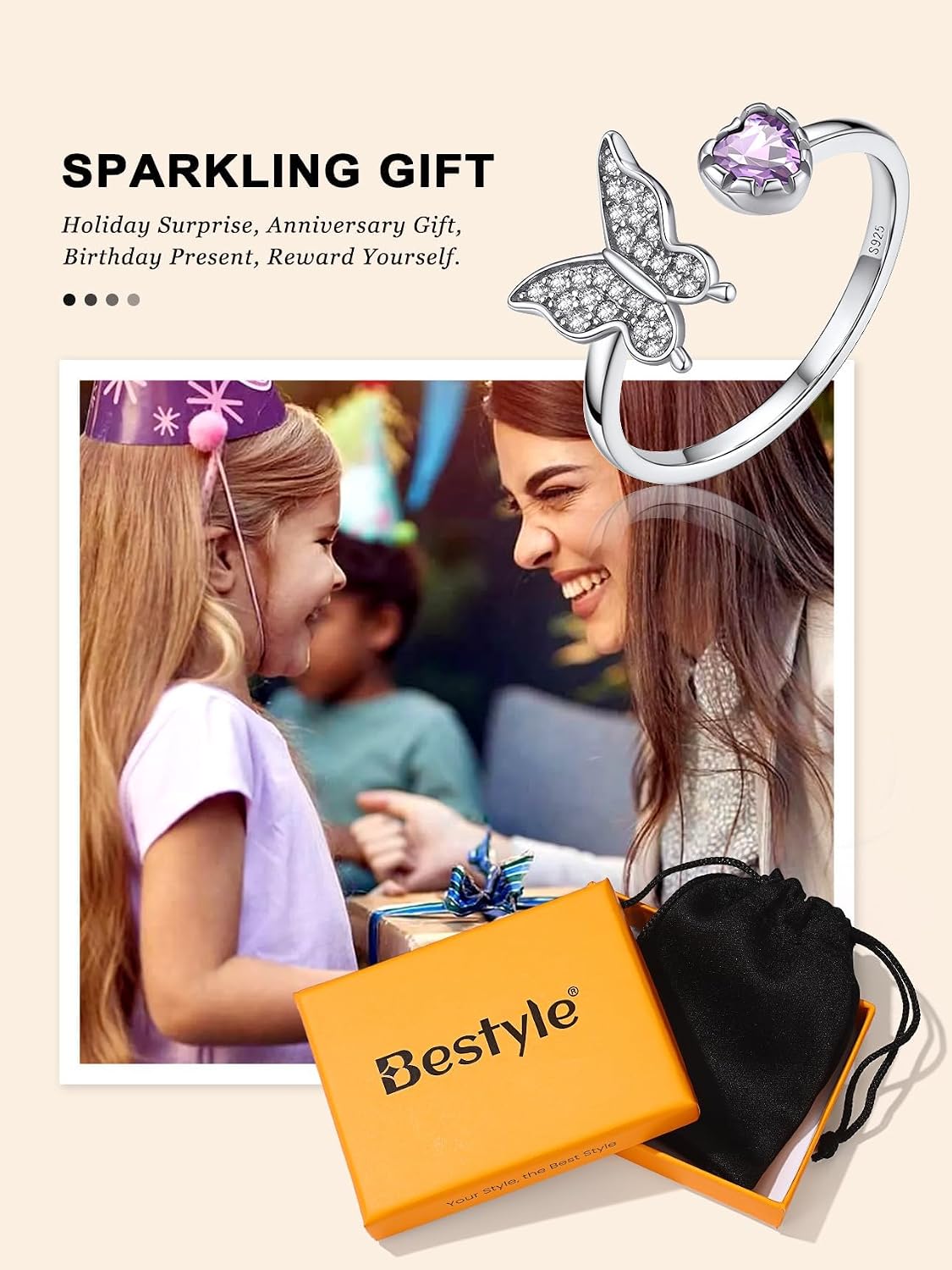 Bestyle 925 Sterling Silver Butterfly Ring Hypoallergnic Adjustable Birthstone Rings for Women Butterfly Jewelry Gifts for Anniversary Mothers' Day Birthday