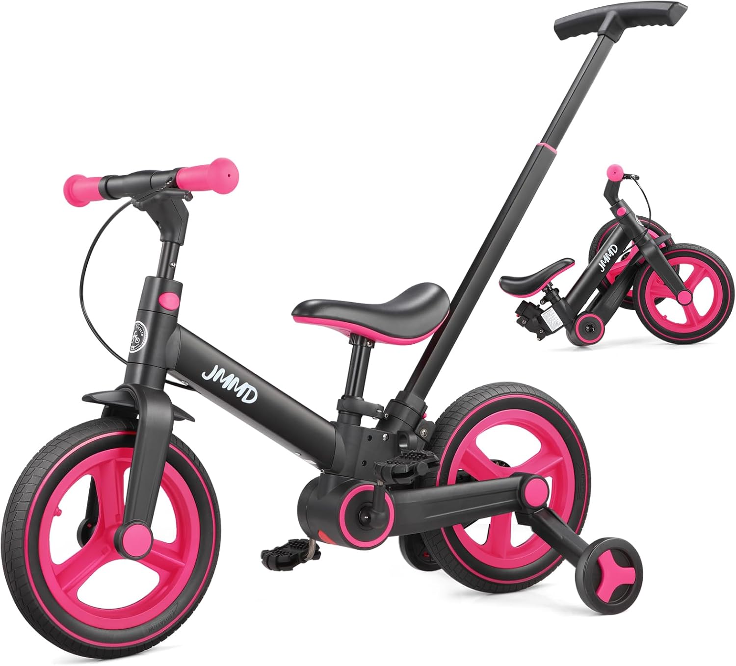 JMMD Toddler Bike with Push Handle for Kids 18-60 Months, 6 in 1 Foldable Push Bike with Training Wheels, Pedals, Brakes, Kickstand, Kid Balance Bike Gift & Toys for Boy & Girl Rosered Large