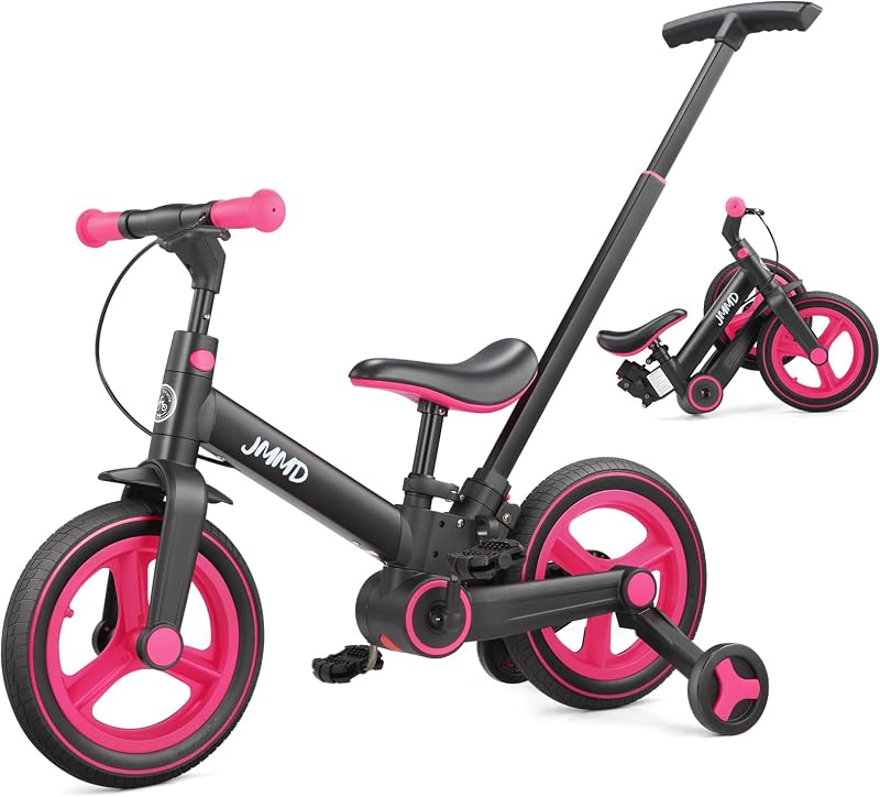 JMMD Bicicleta infantil 6 en 1 con mango de empuje para niños de 18 a 60 meses, bicicleta de equilibrio plegable de 12 pulgadas con ruedas de entrenamiento, pedales, frenos, soporte, triciclo de empuje, regalo para niños y niñas