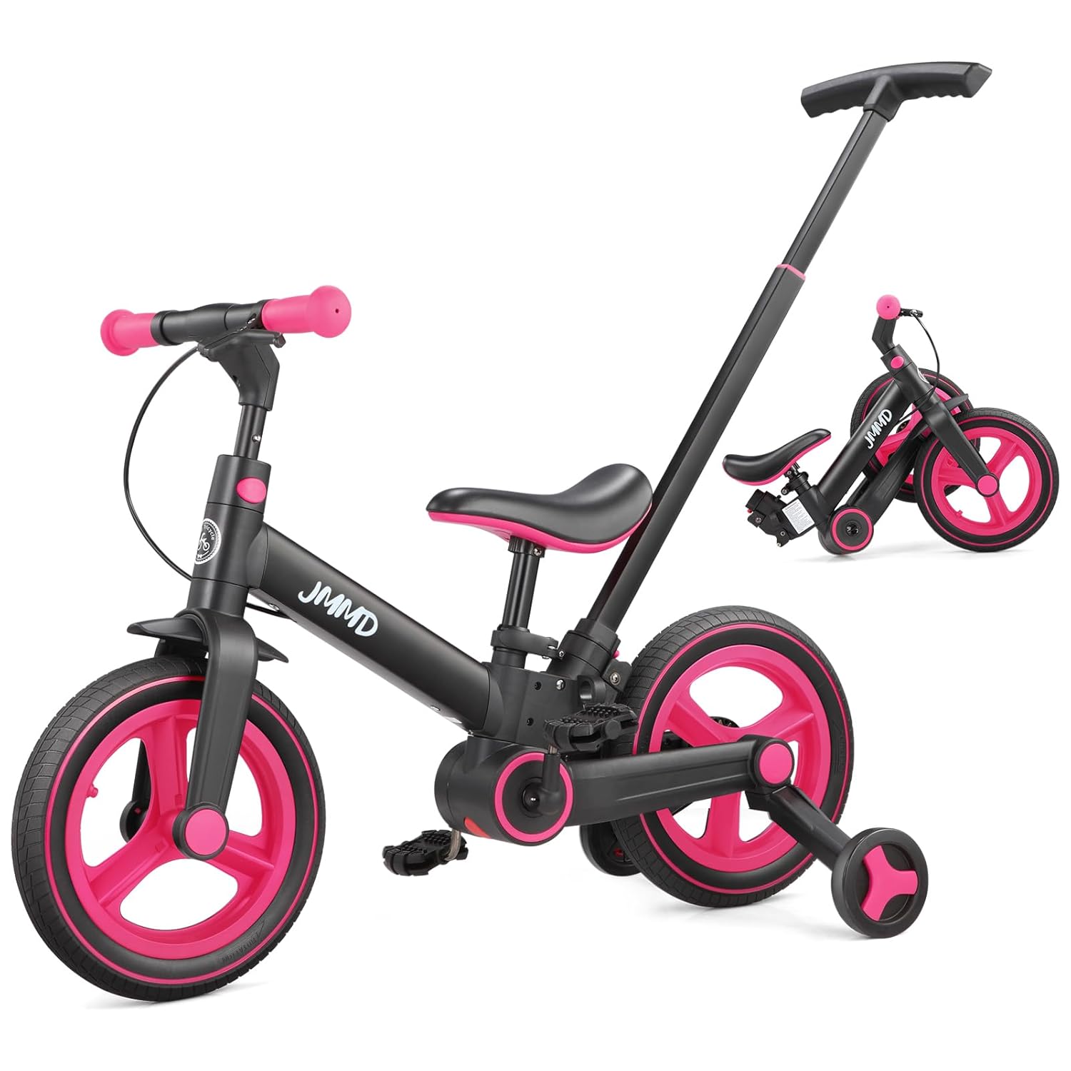 JMMD 6 in 1 Toddler Bike with Push Handle for Kids 18-60 Months, 12" Foldable Balance Bike with Training Wheels, Pedals, Brakes, Kickstand, Push Tricycle Toddler Gift & Toys for...
