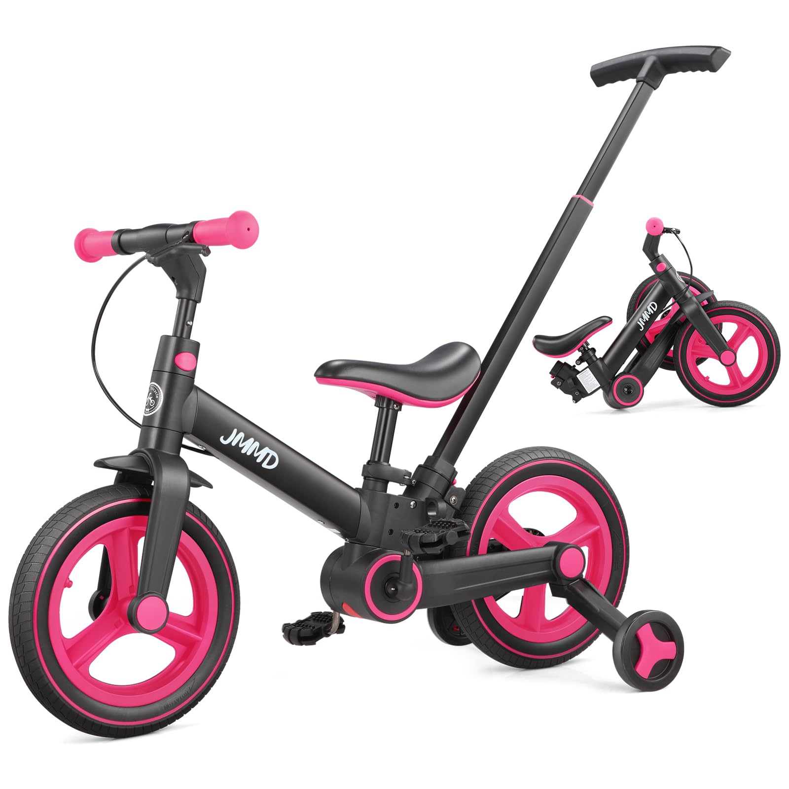 Photo 1 of JMMD 6 in 1 Toddler Bike with Push Handle for Kids 18-60 Months, 12" Foldable Balance Bike with Training Wheels, Pedals, Brakes, Kickstand, Push Tricycle Toddler Gift & Toys for Boy & Girl