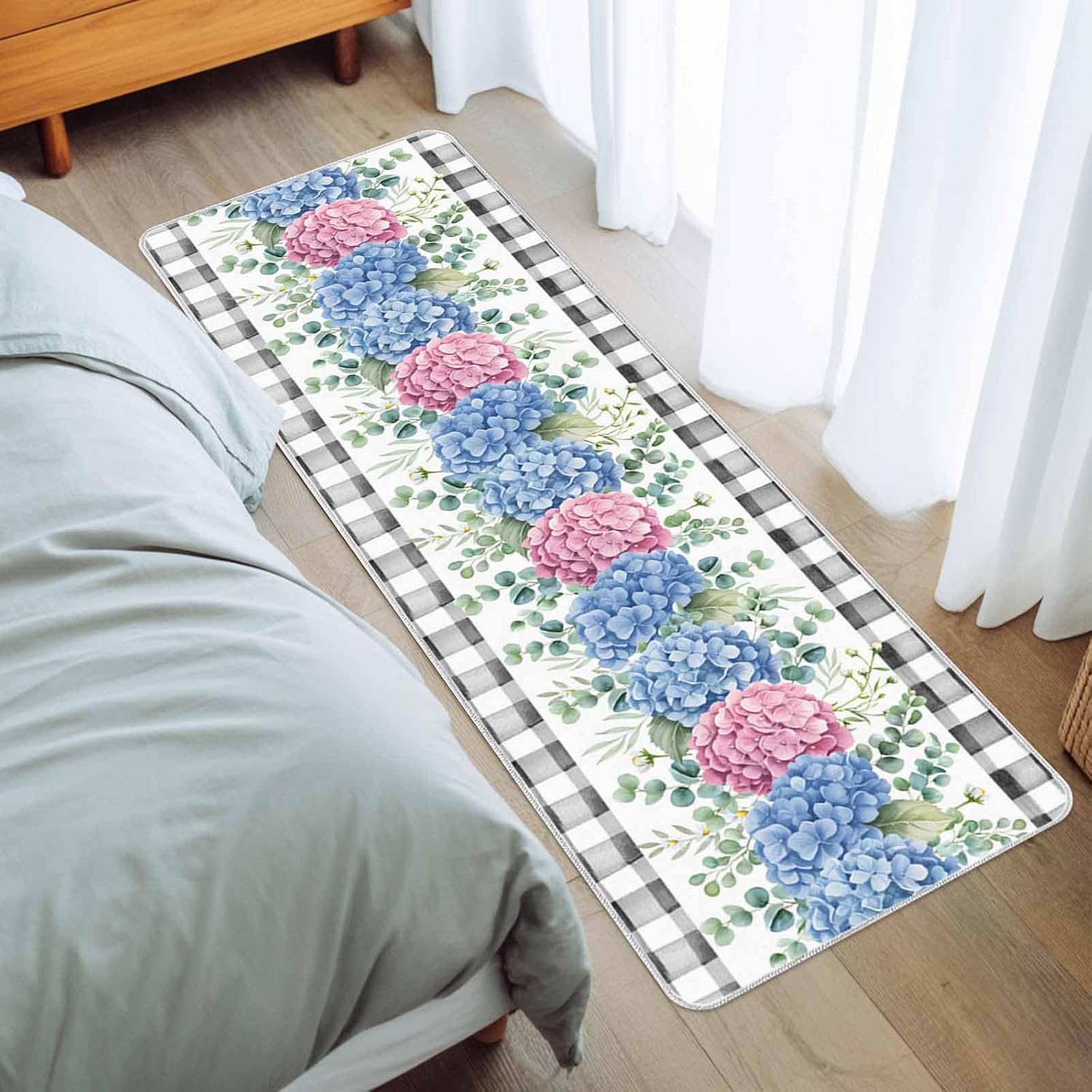 Rustic Pink Blue Hydrangea Kitchen Rug and Mat,Washable Floor Mats Standing Cushioned Set of 2,Summer Eucalyptus Leaf Buffalo Plaid Slip-Proof Doormat Runner Rugs for Indoor Bathroom Laundry Sink