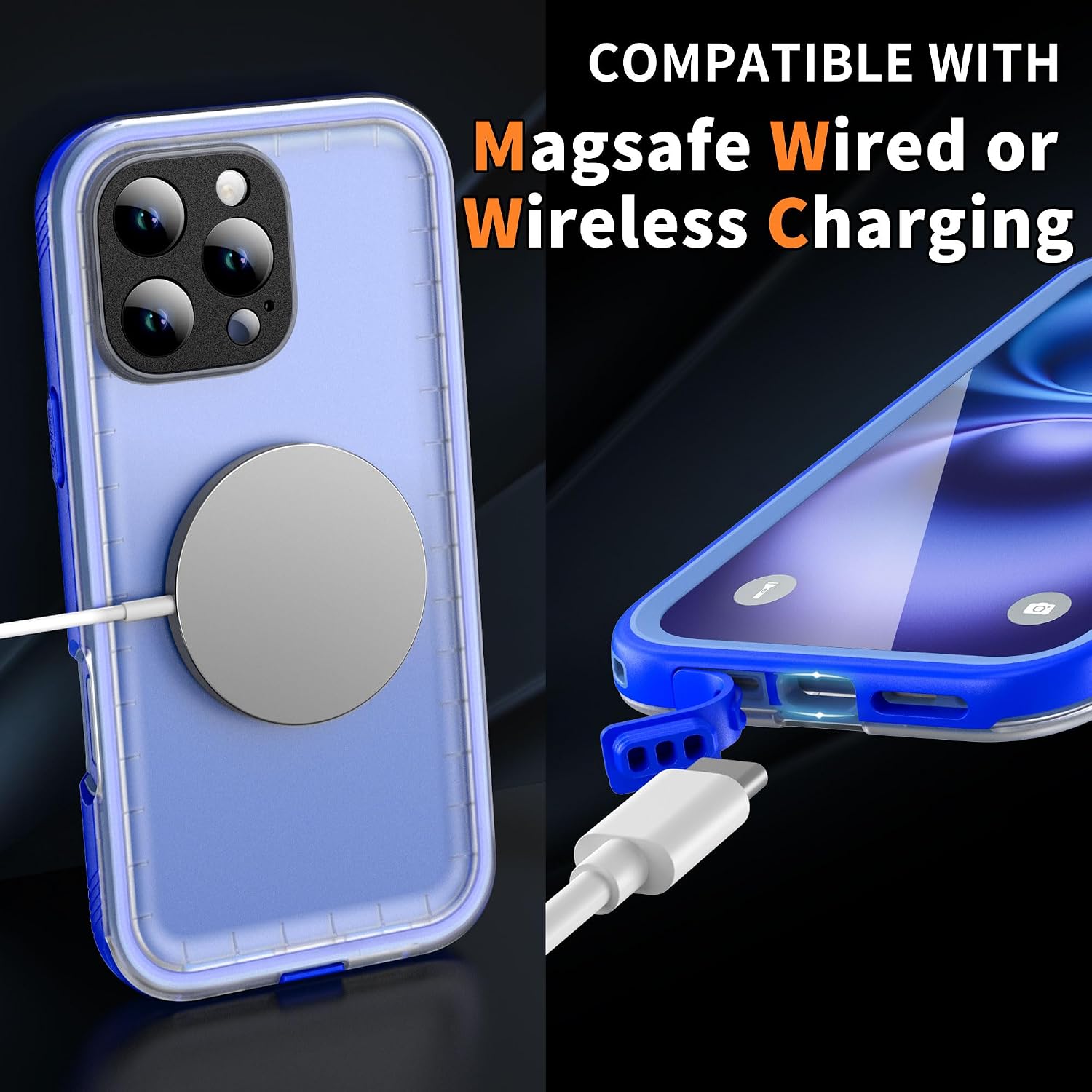 Cozycase TOP Military IP68 Waterproof Case for iPhone 16 Pro - Heavy Duty 360 Shockproof Full Body with Screen Camera Protector Double Water Dust Drop Proof Rugged Tough Cover Blue/Frosted Clear